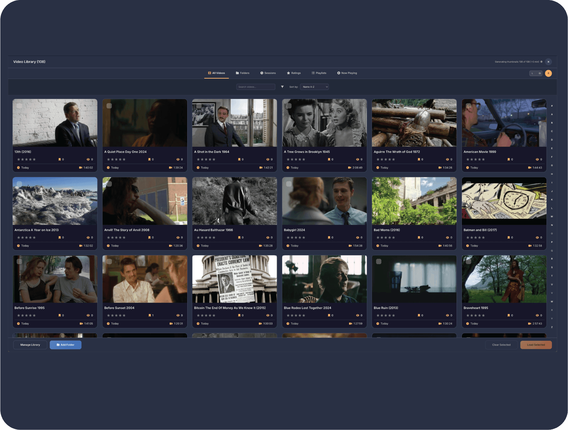 VidVana library view showing thousands of organized video thumbnails